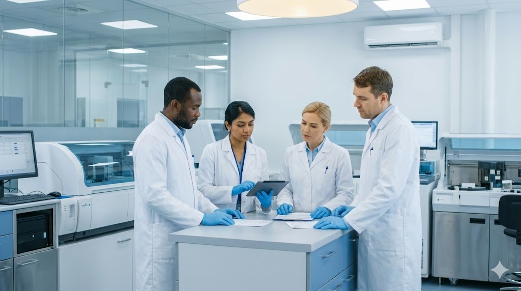 Lab team and equipment